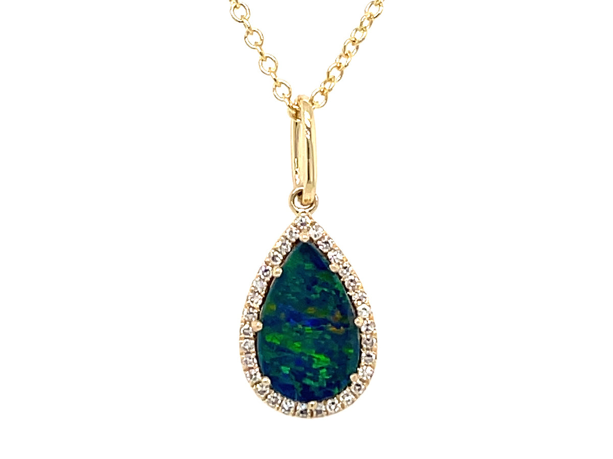 BLACK OPAL DOUBLET & DIAMOND PEAR PENDANT NECKLACE