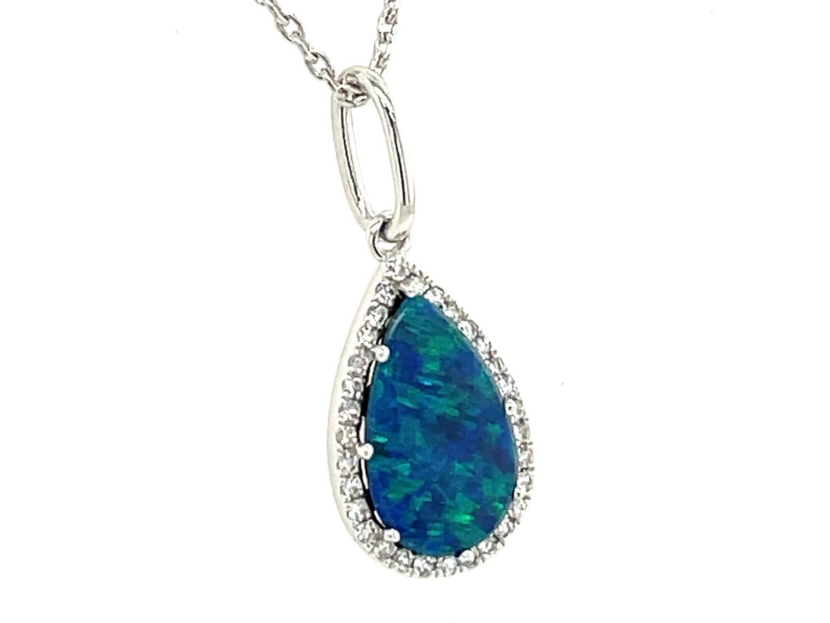 BLACK OPAL DOUBLET & DIAMOND PEAR PENDANT NECKLACE