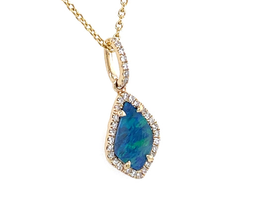BLACK OPAL DOUBLET & DIAMOND TEAR DROP PENDANT, 16"