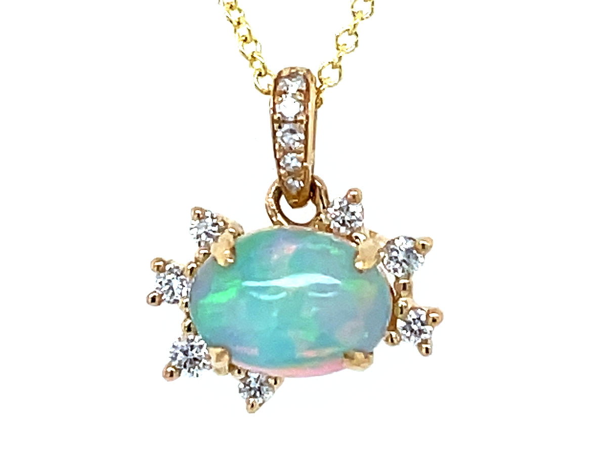 OPAL OVAL & DIAMOND ASYMMETRICAL HALO PENDANT, 18"/16"