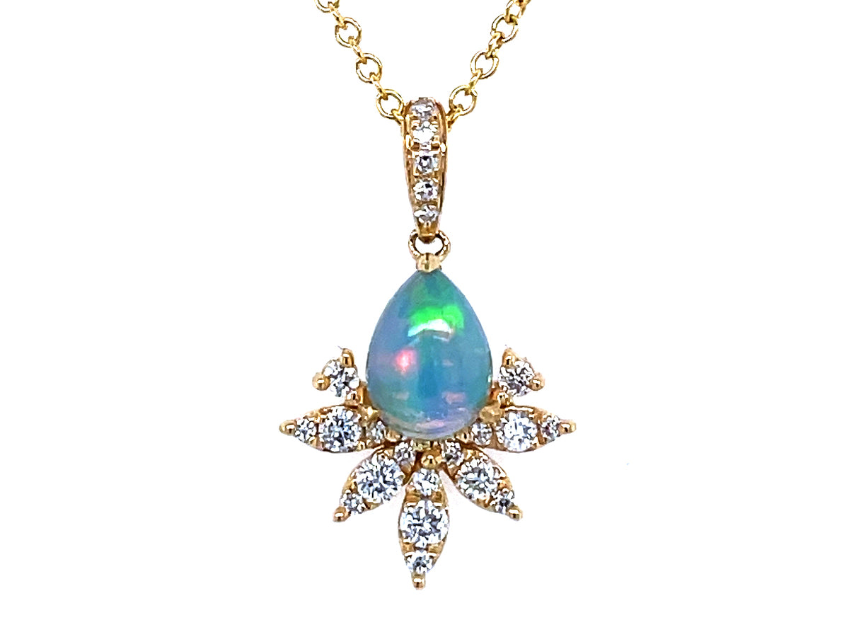 OPAL PEAR & DIAMOND CROWN PENDANT, 18"/16"