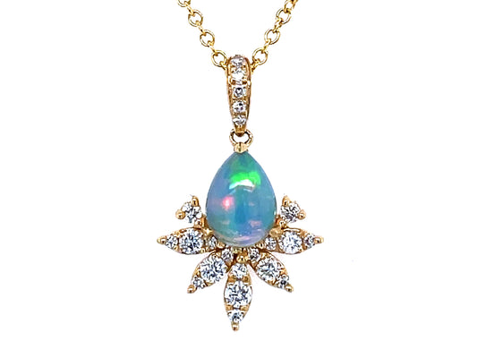 OPAL PEAR & DIAMOND CROWN PENDANT, 18"/16"