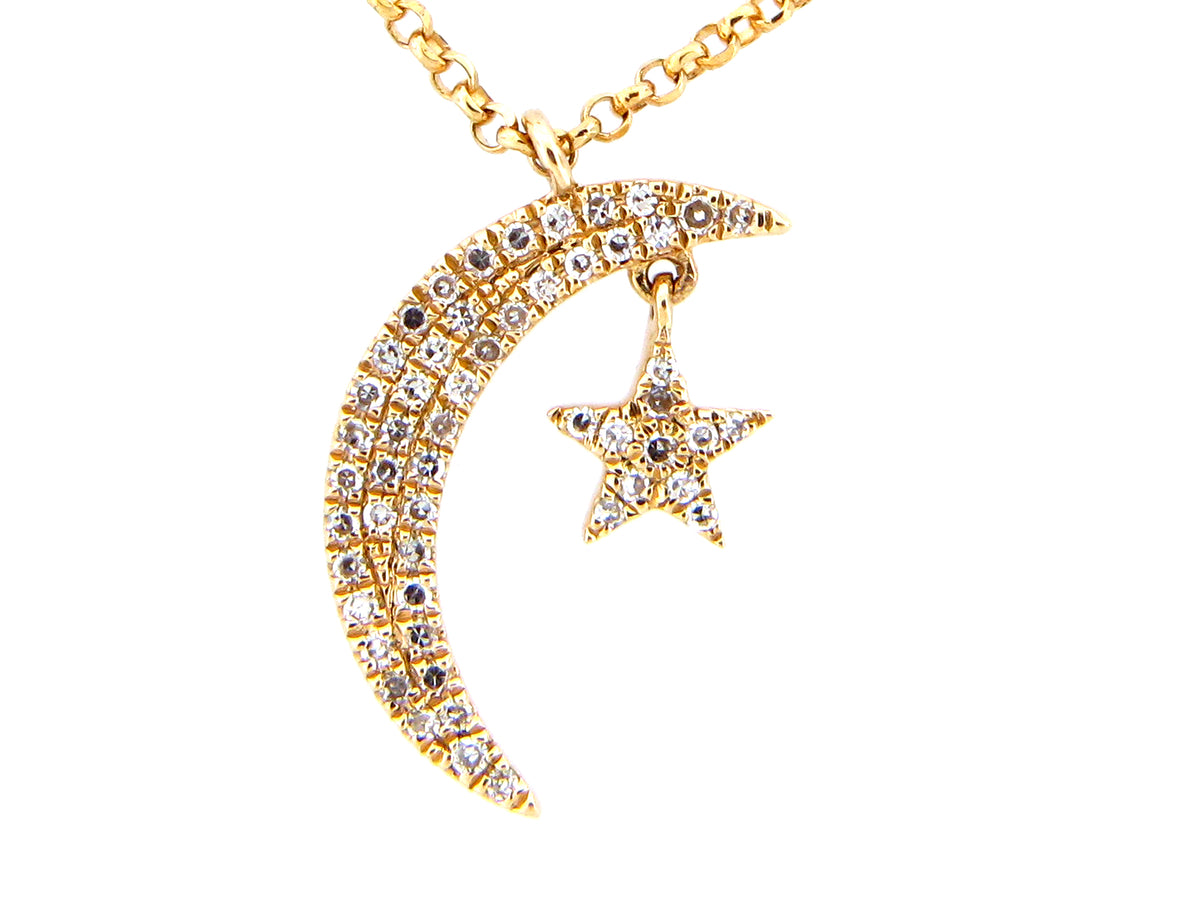 DIAMOND MOON & STAR PENDANT NECKLACE, 18"/17"/16", 14KY (N)