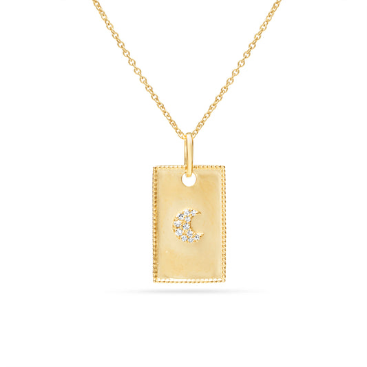 Diamond Crescent Moon Rectangle Dog Tag Necklace