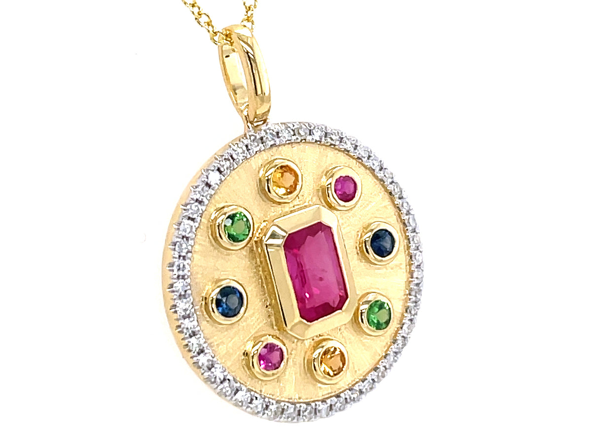 RAINBOW SAPPHIRE, RUBY, TSAVORITE BEZEL & DIAMOND HALO DISC PENDANT, 18MM