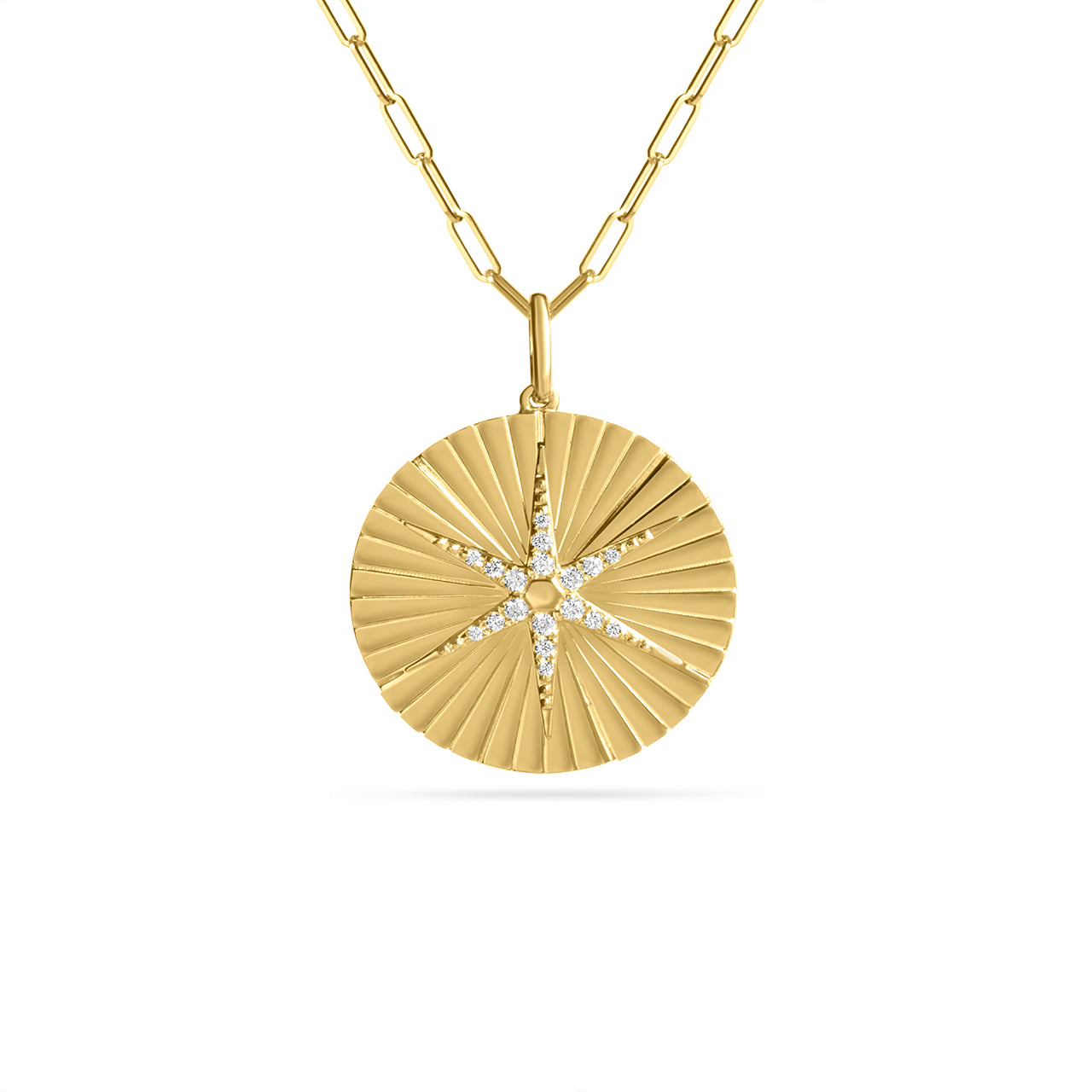 Diamond North Star Fluted 20mm Medallion Necklace