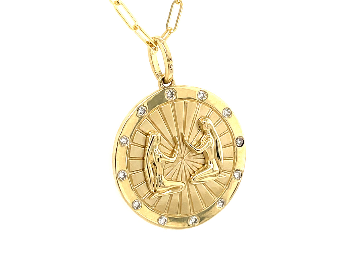 DIAMOND GEMINI MEDALLION PENDANT, 18" PAPERCLIP CHAIN