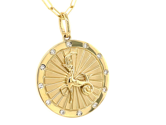 DIAMOND CAPRICORN MEDALLION PENDANT, 18" PAPERCLIP CHAIN, 14KY (N)