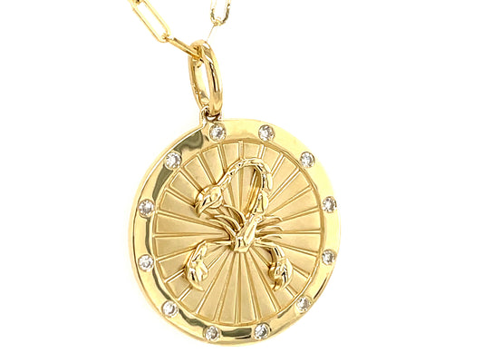 DIAMOND SCORPIO MEDALLION PENDANT, 18" PAPERCLIP CHAIN, 14KY (N)