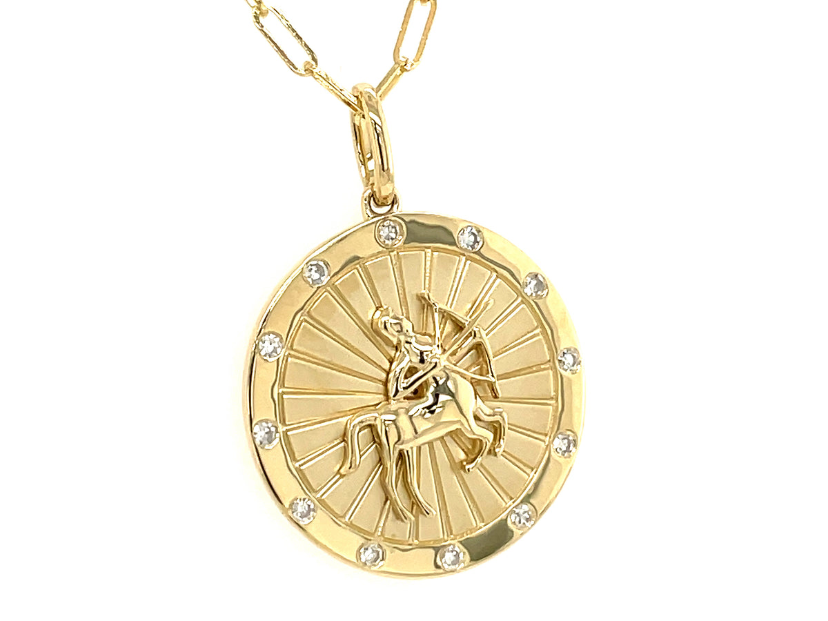 DIAMOND SAGITTARIUS MEDALLION PENDANT, 18" PAPERCLIP CHAIN, 14KY (N)