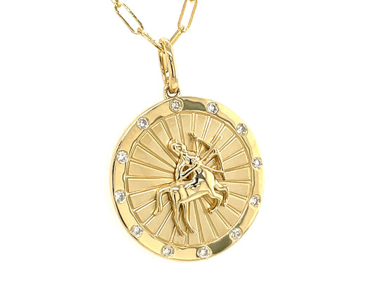 DIAMOND SAGITTARIUS MEDALLION PENDANT, 18" PAPERCLIP CHAIN, 14KY (N)
