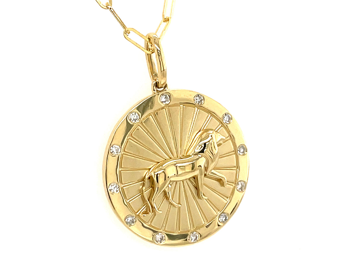 DIAMOND LEO MEDALLION PENDANT, 18" PAPERCLIP CHAIN, 14KY (N)