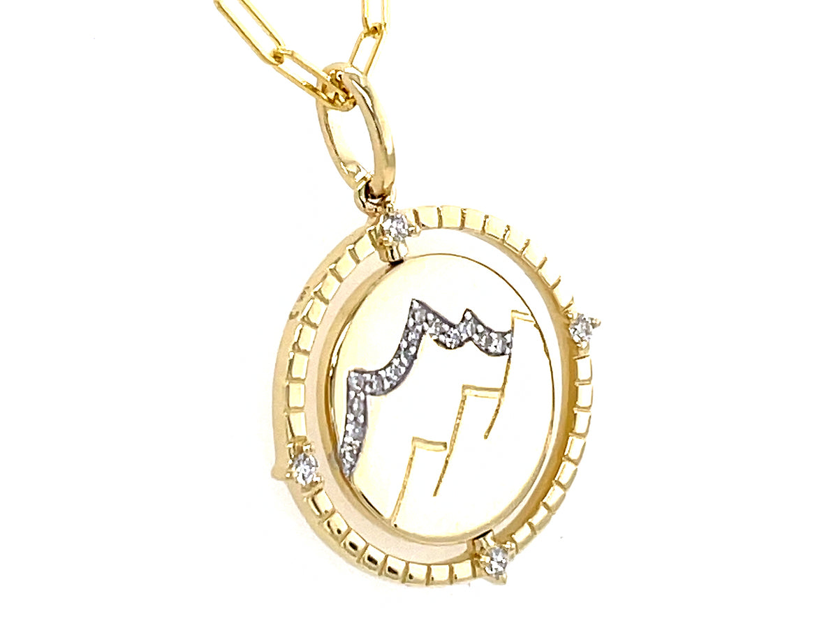 Diamond Flip Disc Mountain Snowflake Pendant, 18.5mm, 18" Paperclip Chain