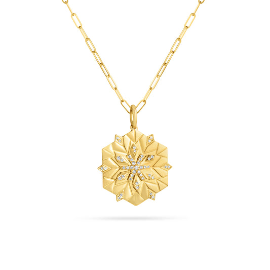 Diamond Snowflake Hexagon 20mm Medallion Necklace