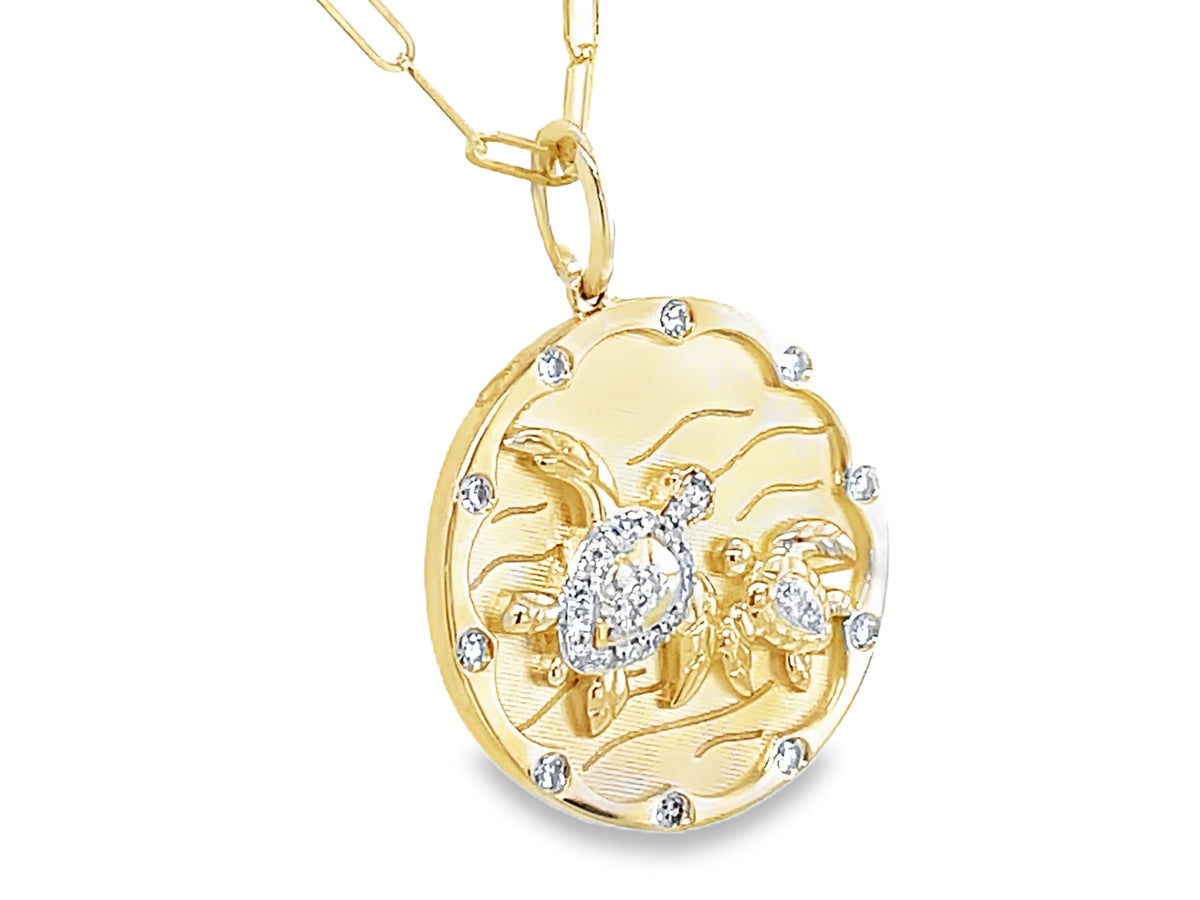 DIAMOND SEA TURTLE MEDALLION PENDANT, 18" PAPERCLIP CHAIN, SATIN FINISH