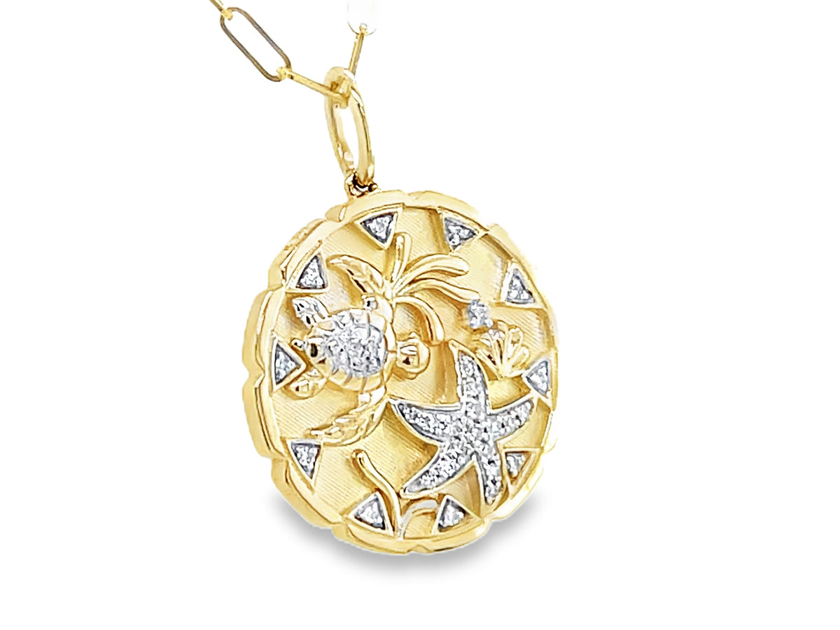DIAMOND SEA TURTLE & SEA STAR MEDALLION PENDANT, 18" PAPERCLIP CHAIN, SATIN FINISH