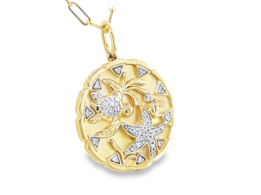 DIAMOND SEA TURTLE & SEA STAR MEDALLION PENDANT, 18" PAPERCLIP CHAIN, SATIN FINISH