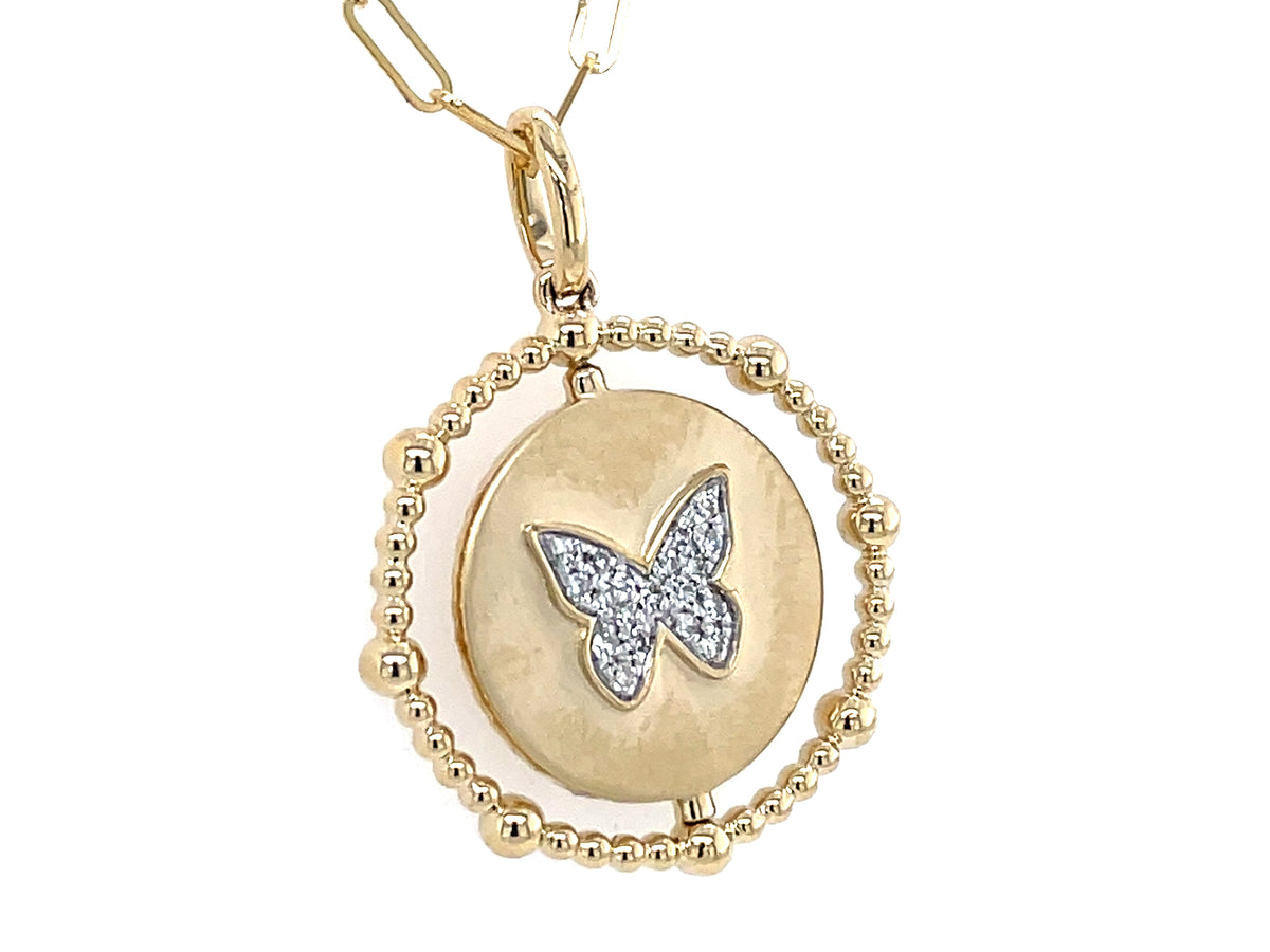 DIAMOND BUTTERFLY & FLOWER FLIP DISC PENDANT, 18MM, 18" PAPERCLIP CHAIN, SATIN FINISH