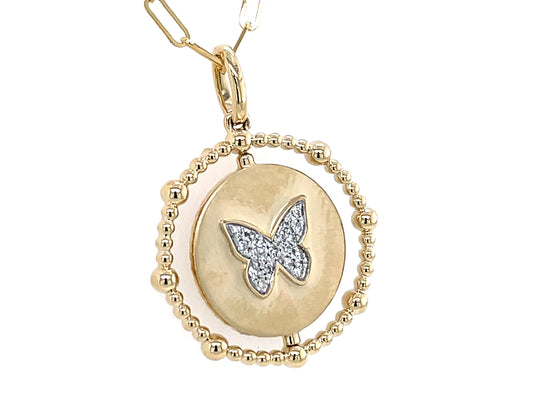 DIAMOND BUTTERFLY & FLOWER FLIP DISC PENDANT, 18MM, 18" PAPERCLIP CHAIN, SATIN FINISH