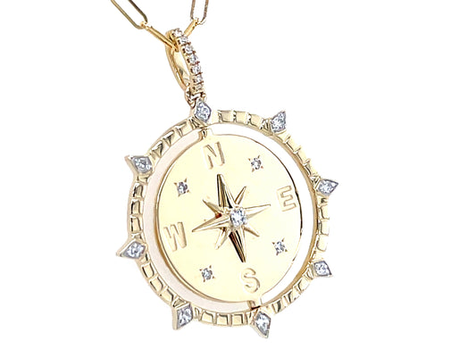 DIAMOND COMPASS STAR FLIP DISC PENDANT, 22MM, 18" PAPERCLIP CHAIN