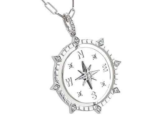 Diamond Compass Star Flip Disc Pendant, 22mm, 18" Paperclip Chain