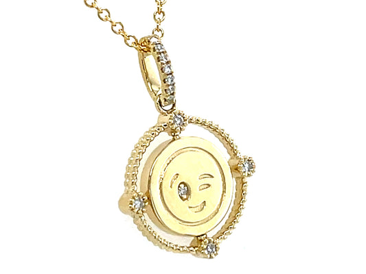 DIAMOND WINK/KISS EMOJI FLIP DISC PENDANT, 13MM, 18"/16"