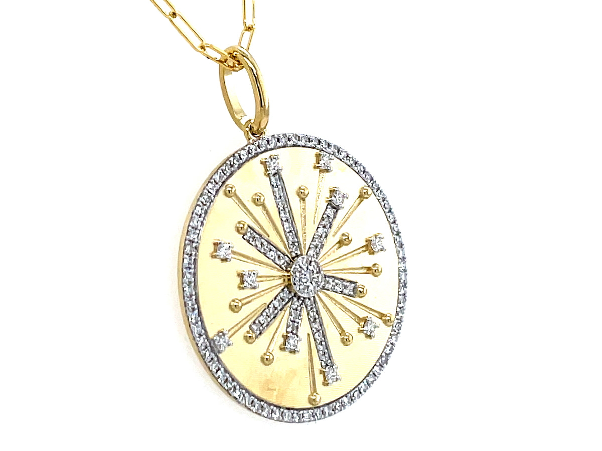 DIAMOND STARBURST MEDALLION DISC PENDANT, 25MM, 18" PAPERCLIP CHAIN, SATIN FINISH