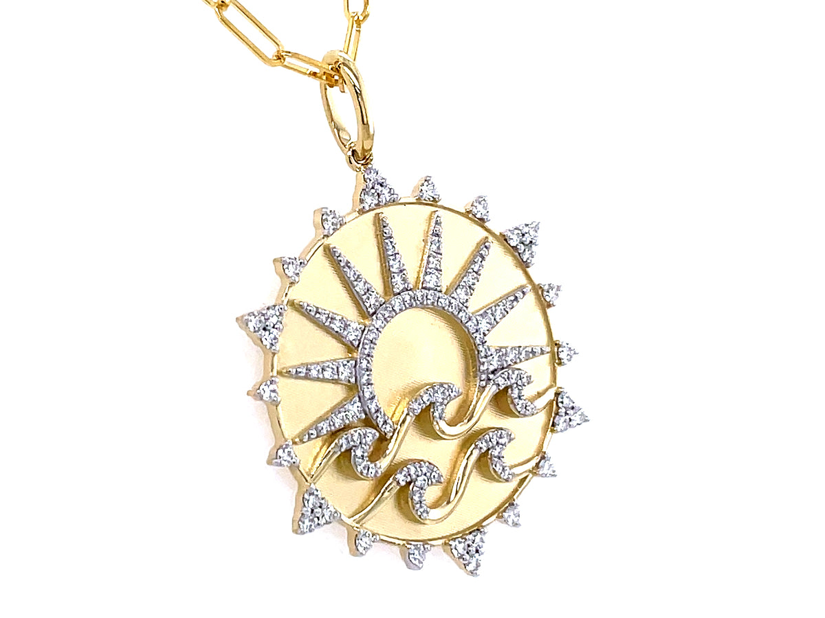 DIAMOND SUN & WAVES MEDALLION PENDANT, 30MM, 18" PAPERCLIP CHAIN, SATIN FINISH