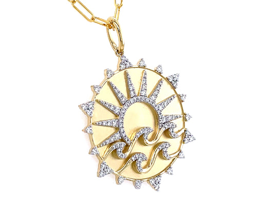 DIAMOND SUN & WAVES MEDALLION PENDANT, 30MM, 18" PAPERCLIP CHAIN, SATIN FINISH
