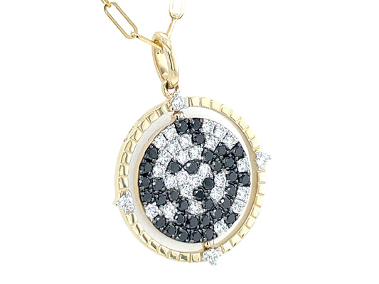 Black White Diamond Pave Flip Disc Medallion Pendant, 18" Paperclip Chain