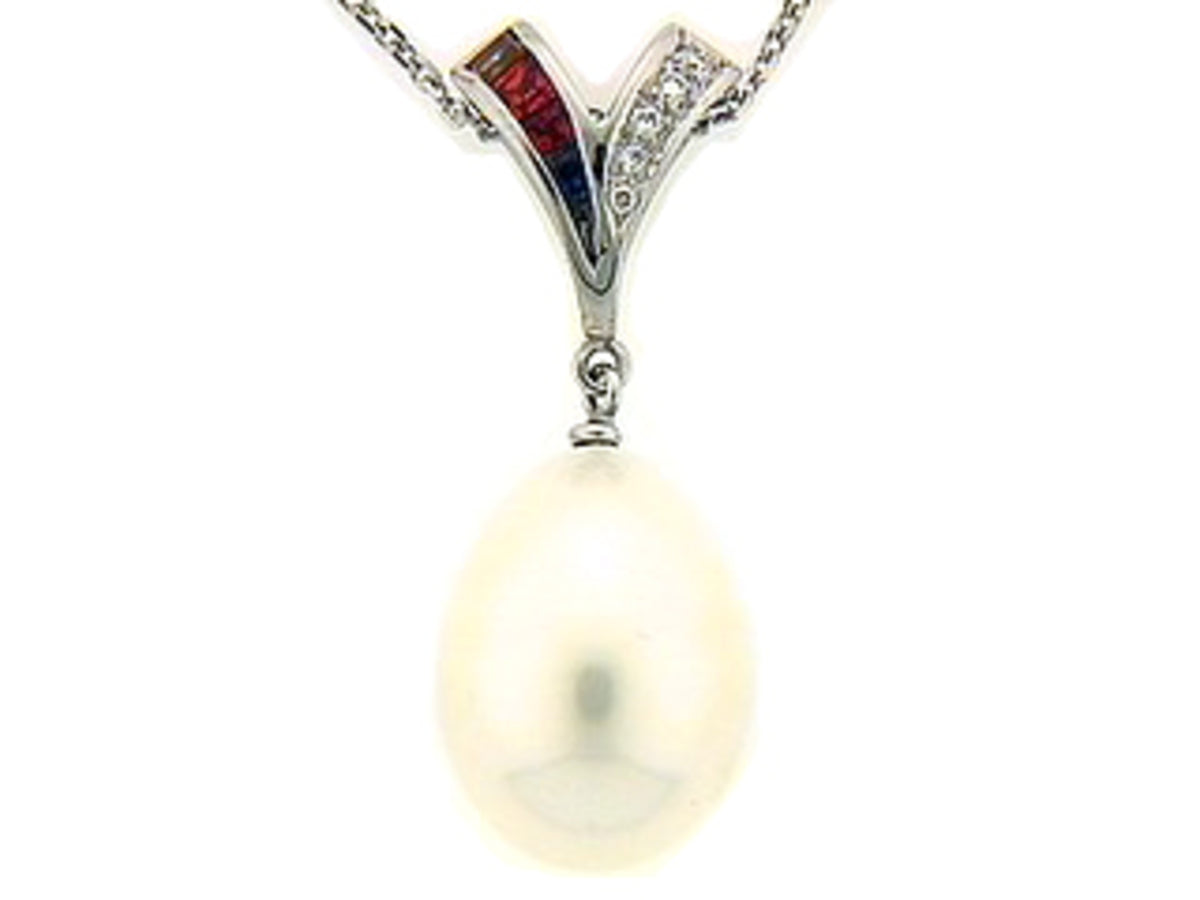 RAINBOW SAPPHIRE, CULTURED FRESH WATER PEARL & DIAMOND PENDANT