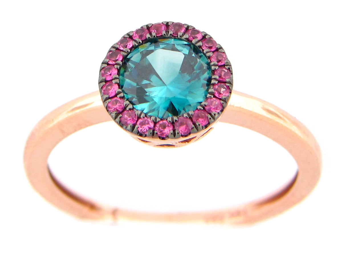 BLUE ZIRCON & PINK SAPPHIRE HALO RING, 14KR (H)