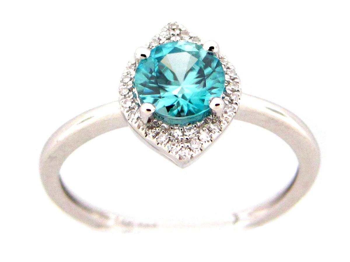 BLUE ZIRCON & DIAMOND MARQUISE HALO RING, 14KW (H)