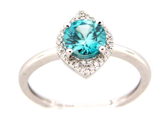 BLUE ZIRCON & DIAMOND MARQUISE HALO RING, 14KW (H)