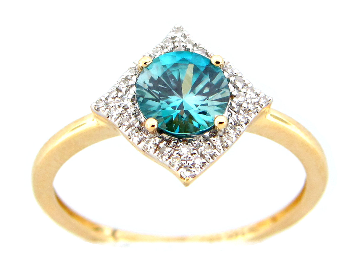 BLUE ZIRCON & DIAMOND SQUARE HALO RING