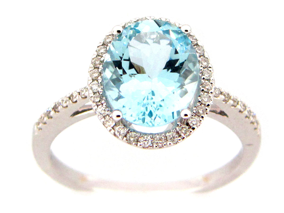 AQUAMARINE OVAL & DIAMOND HALO RING, 14KW (H)