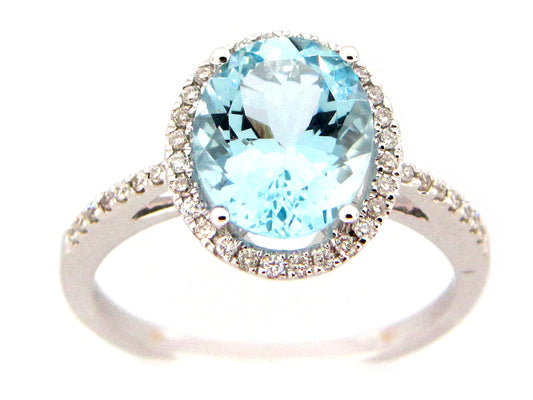 AQUAMARINE OVAL & DIAMOND HALO RING, 14KW (H)