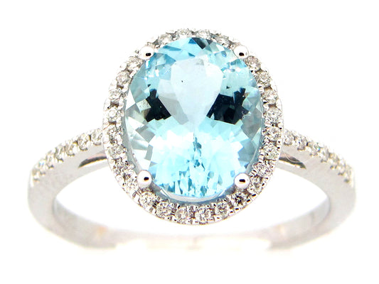 AQUAMARINE OVAL & DIAMOND HALO RING, 14KW (H)