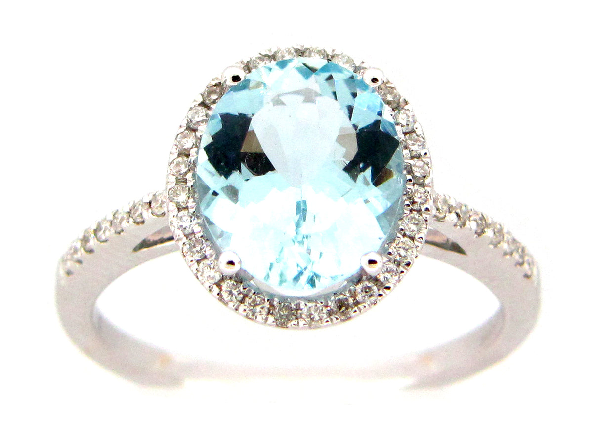 AQUAMARINE OVAL & DIAMOND HALO RING, 14KW (H)