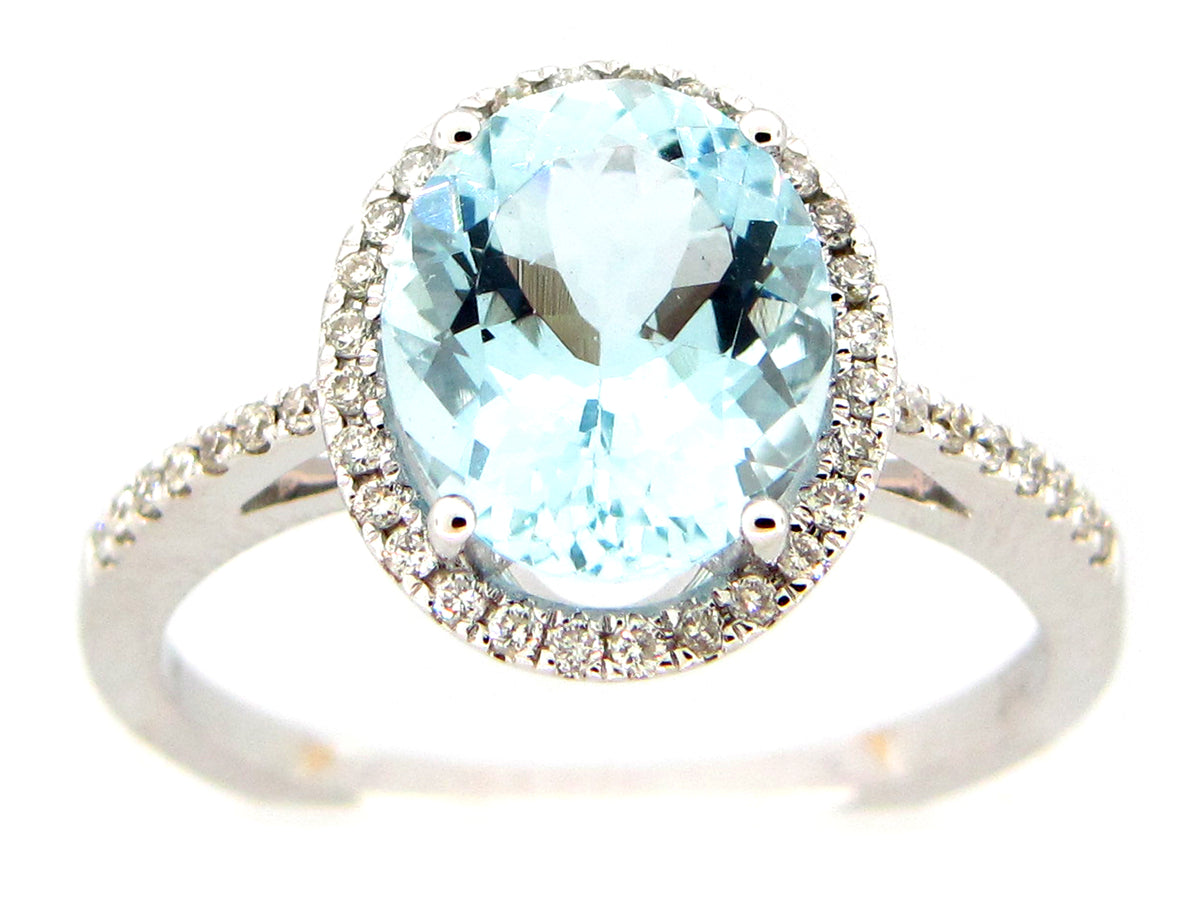 AQUAMARINE OVAL & DIAMOND HALO RING, 14KW (H)