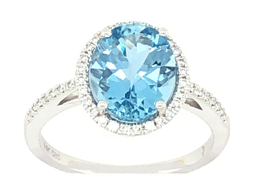 AQUAMARINE OVAL & DIAMOND HALO RING, 14KW (H)