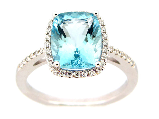 Aquamarine Cushion Diamond Halo Ring, 14kw (H)