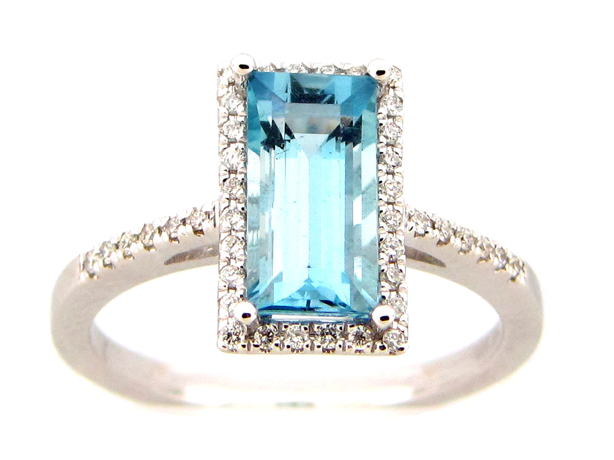 AQUAMARINE BAGUETTE & DIAMOND HALO RING, 14KW (H)