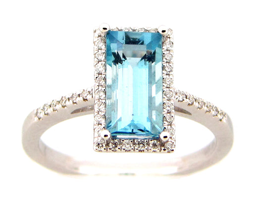 AQUAMARINE BAGUETTE & DIAMOND HALO RING, 14KW (H)