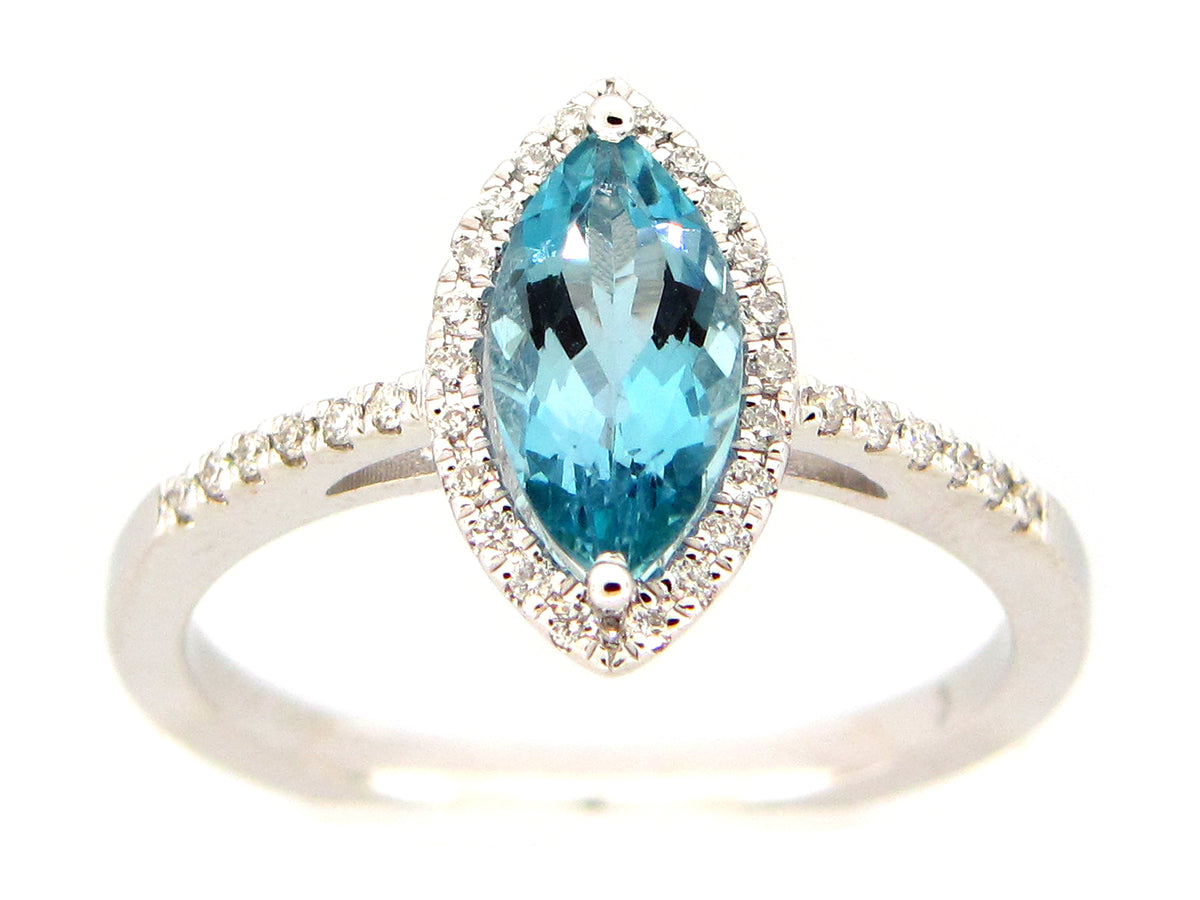 AQUAMARINE MARQUISE & DIAMOND HALO RING, 14KW (H)