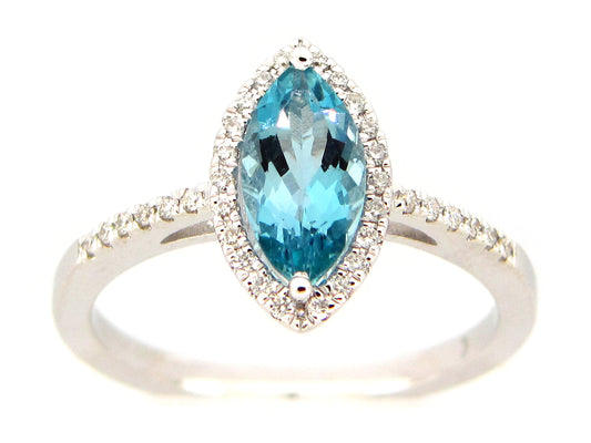 AQUAMARINE MARQUISE & DIAMOND HALO RING, 14KW (H)