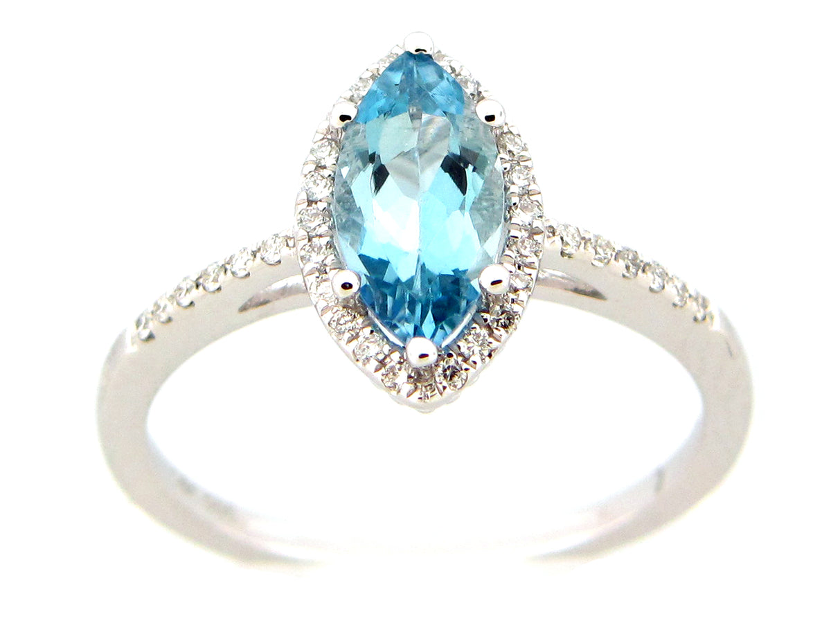 AQUAMARINE MARQUISE & DIAMOND RING, SATIN FINISH, 14KW (H)