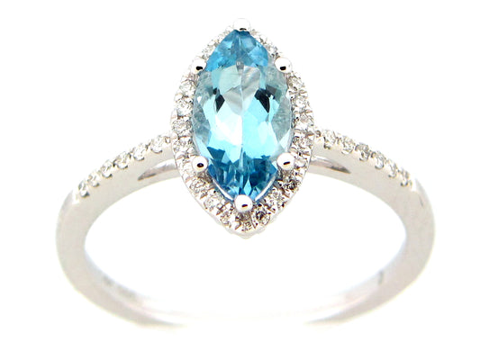 AQUAMARINE MARQUISE & DIAMOND RING, SATIN FINISH, 14KW (H)