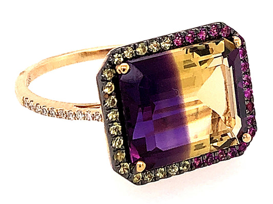 AMETRINE, PINK SAPP, YELLOW SAPP & DIAMOND RING, 14KY (H/U/N)