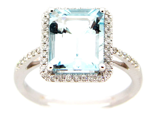 AQUAMARINE & DIAMOND RING, 14KW (H)